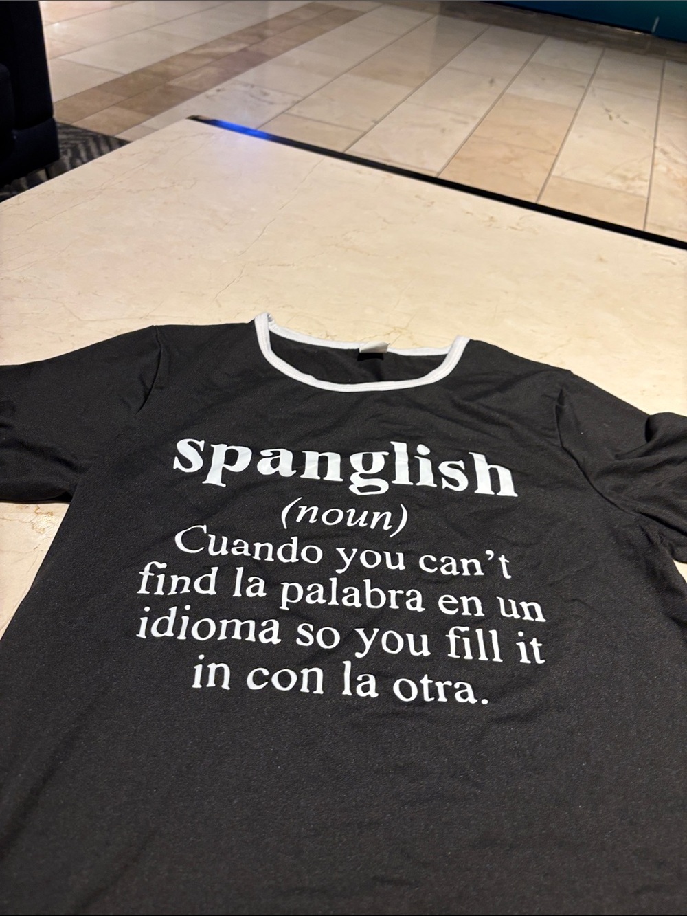 Spanglish Graphic Ringer T-Shirt - Black with White Trim - Picture 5 of 7